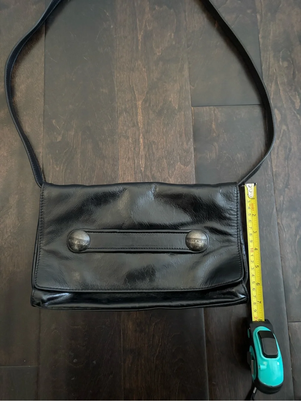 Miss Sixty Black Leather Messenger Bag with Metal Button Accents